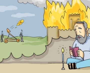 איש קורא קינות ליד בית המקדש שנשרף